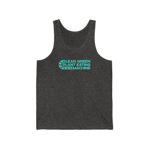 black charcoal triblend vegan tank top with a lean green plant eating machine design in teal