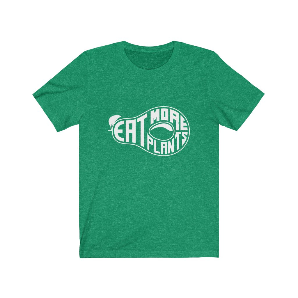vegan shirts design with white "eat more plants" words inside the outline of an avocado on a heather kelly green premium tee on a white background