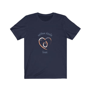 navy vegan t shirt with a brushed design saying seitan sizzle love and a heart on a blank background