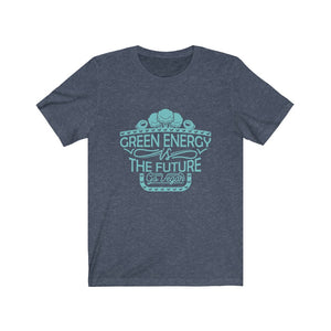 go vegan shirt with teal design saying green energy is the future go vegan on a heather navy vegan shirt, flat on a white background