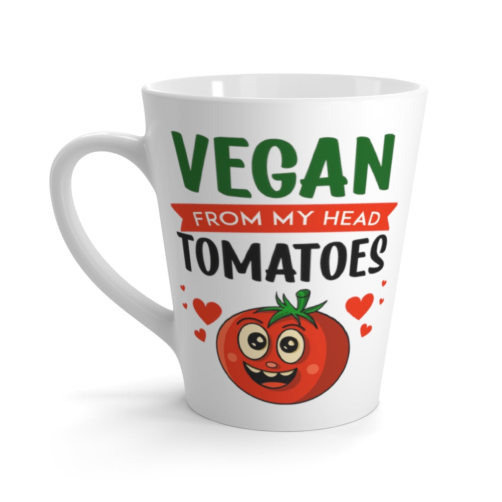 vegan mugs, latte mug saying vegan from my head tomatoes, left side