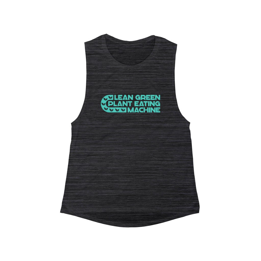boho design on dark grey flowy tank tops with pastel green design saying lean green plant eating machine for vegan workouts and exercising
