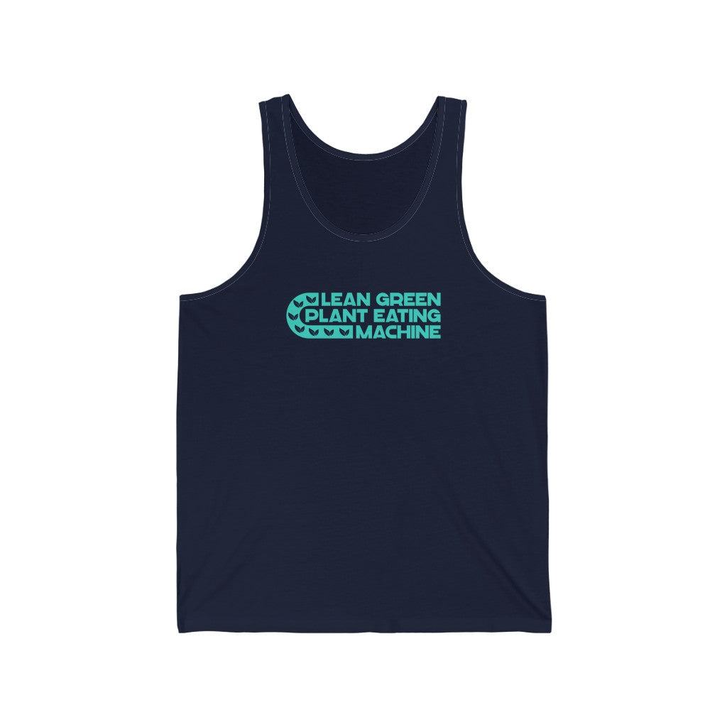 navy vegan tank top with a lean green plant eating machine design in teal