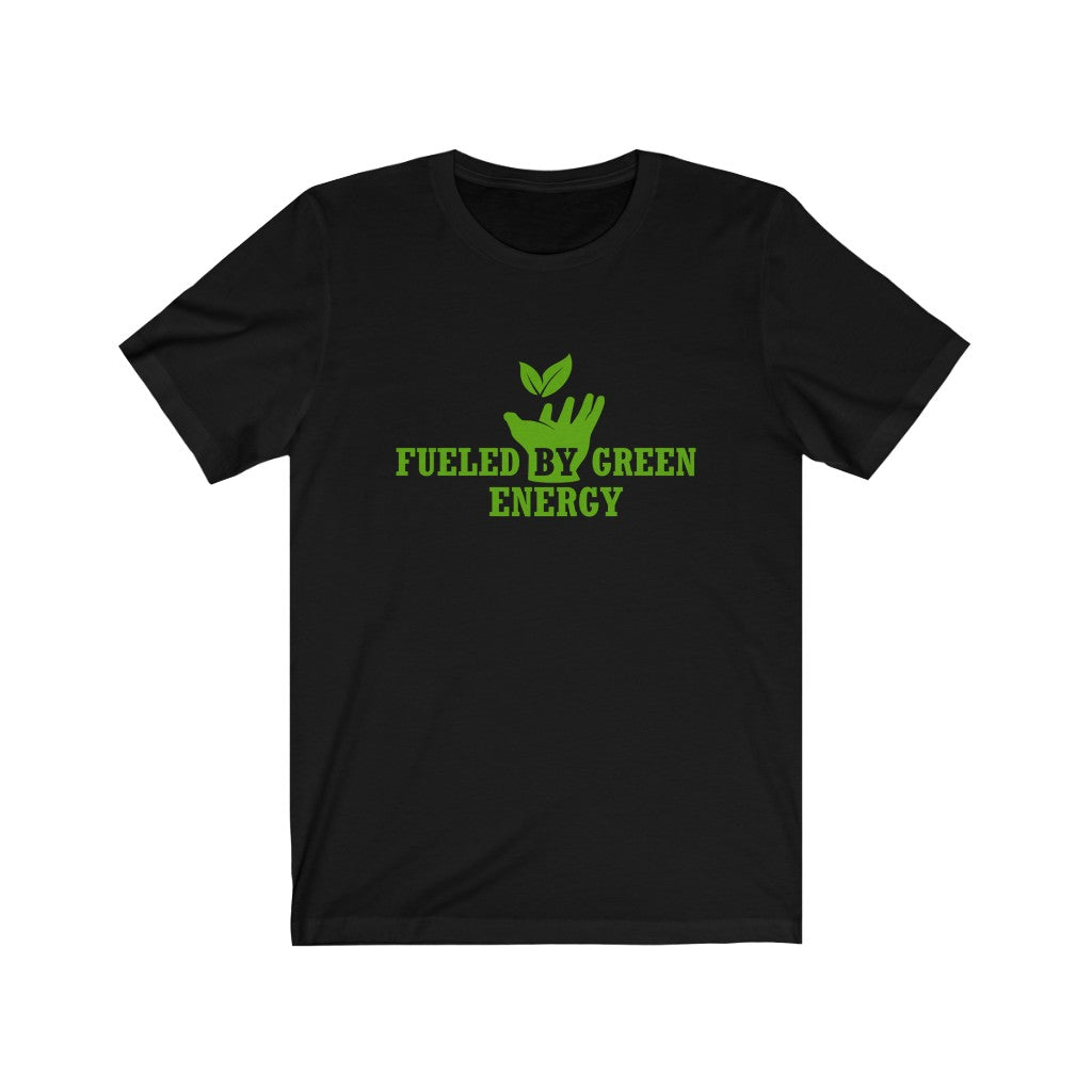 vibrant green vegan workout clothes graphic saying "fueled by green energy" on a black vegan shirt, on a blank white background