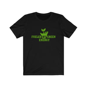 vibrant green vegan workout clothes graphic saying "fueled by green energy" on a black vegan shirt, on a blank white background