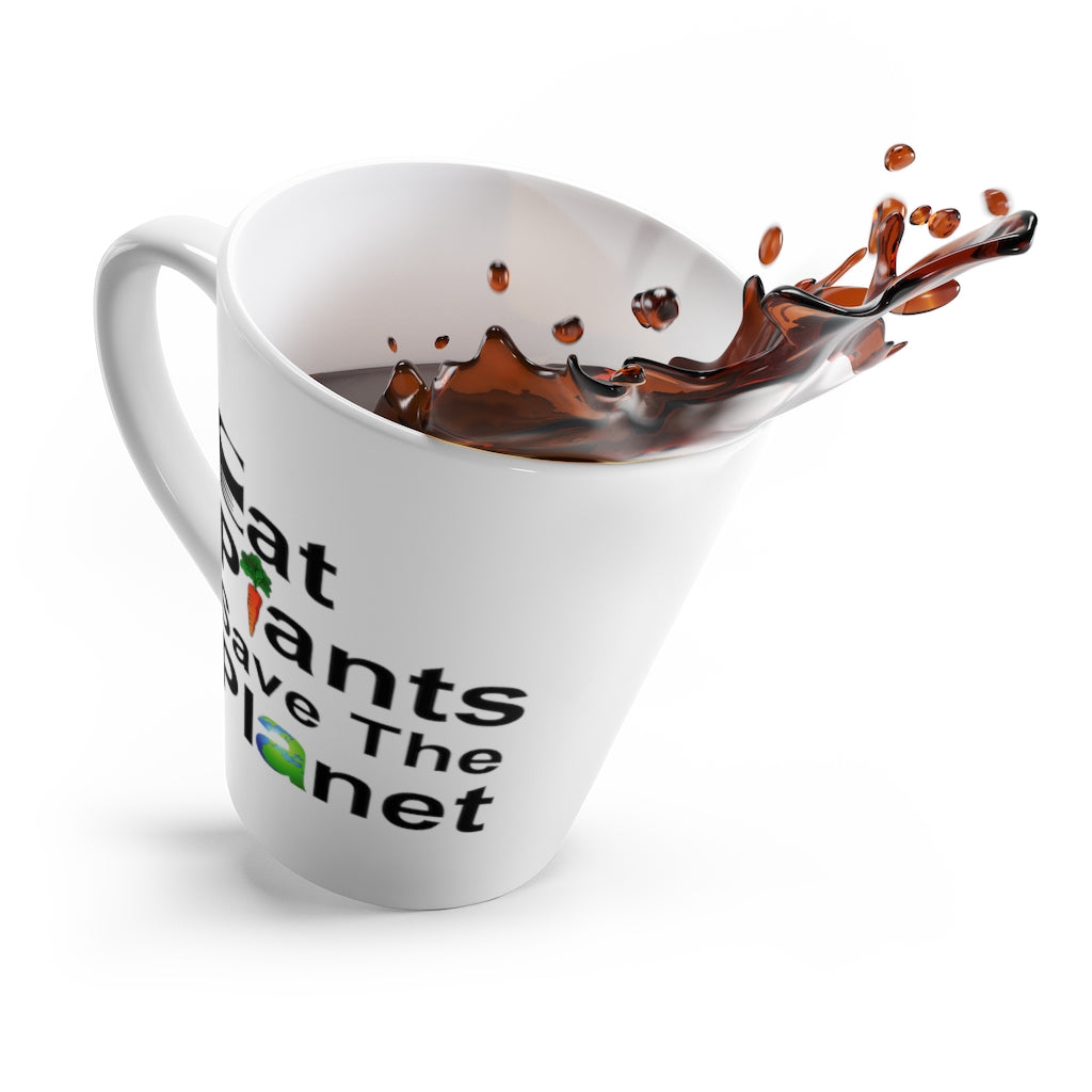 Eat plants save the planet 12 ounce latte mug, tipping over spilling coffee