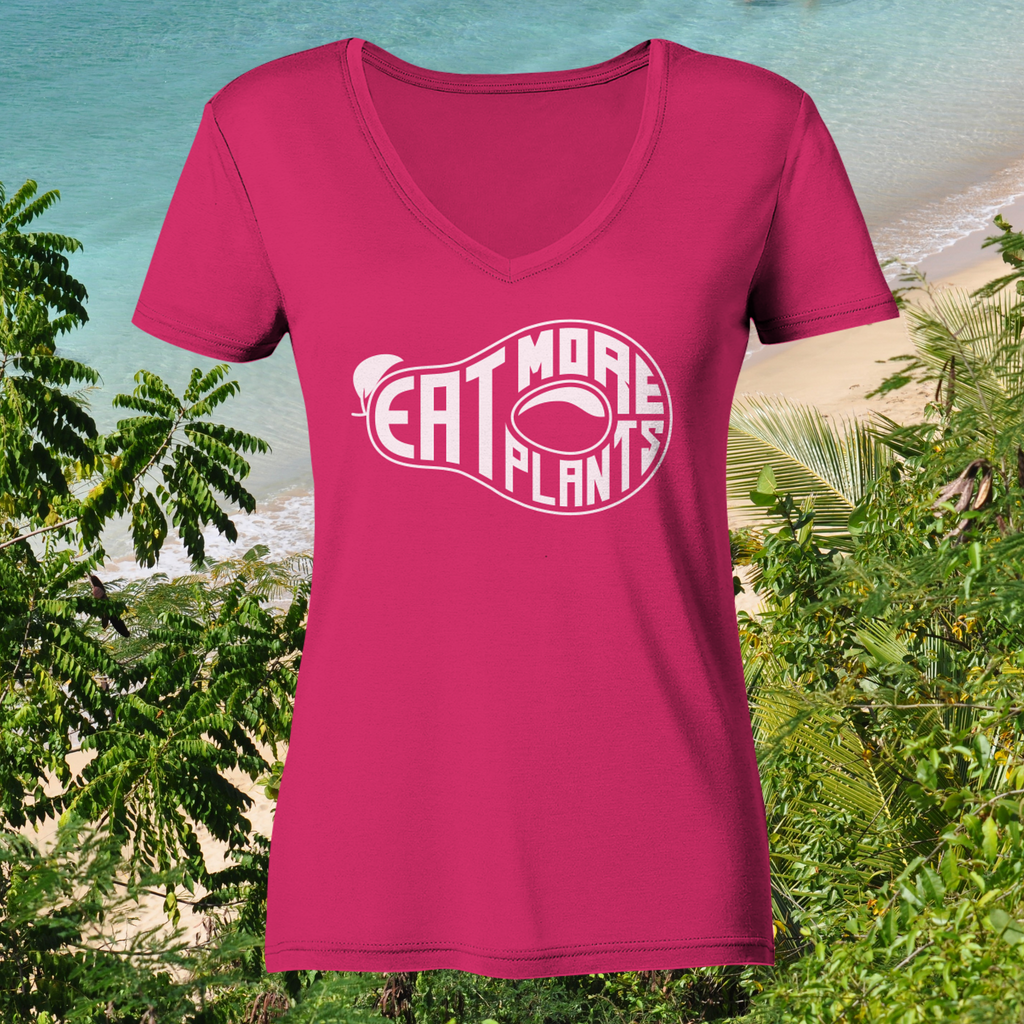 Organic ladies' v-neck vegan tshirt in bright pink saying eat more plants on a tropical beach landscape background