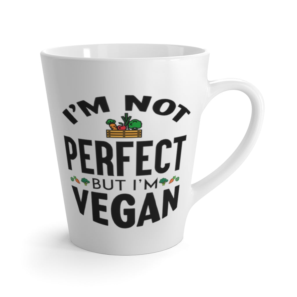 vegan latte mug saying I'm not perfect but I'm vegan, right side