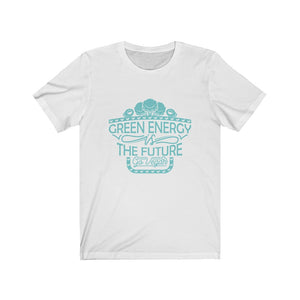 go vegan shirt with teal design saying green energy is the future go vegan on a white vegan shirts, flat on a white background