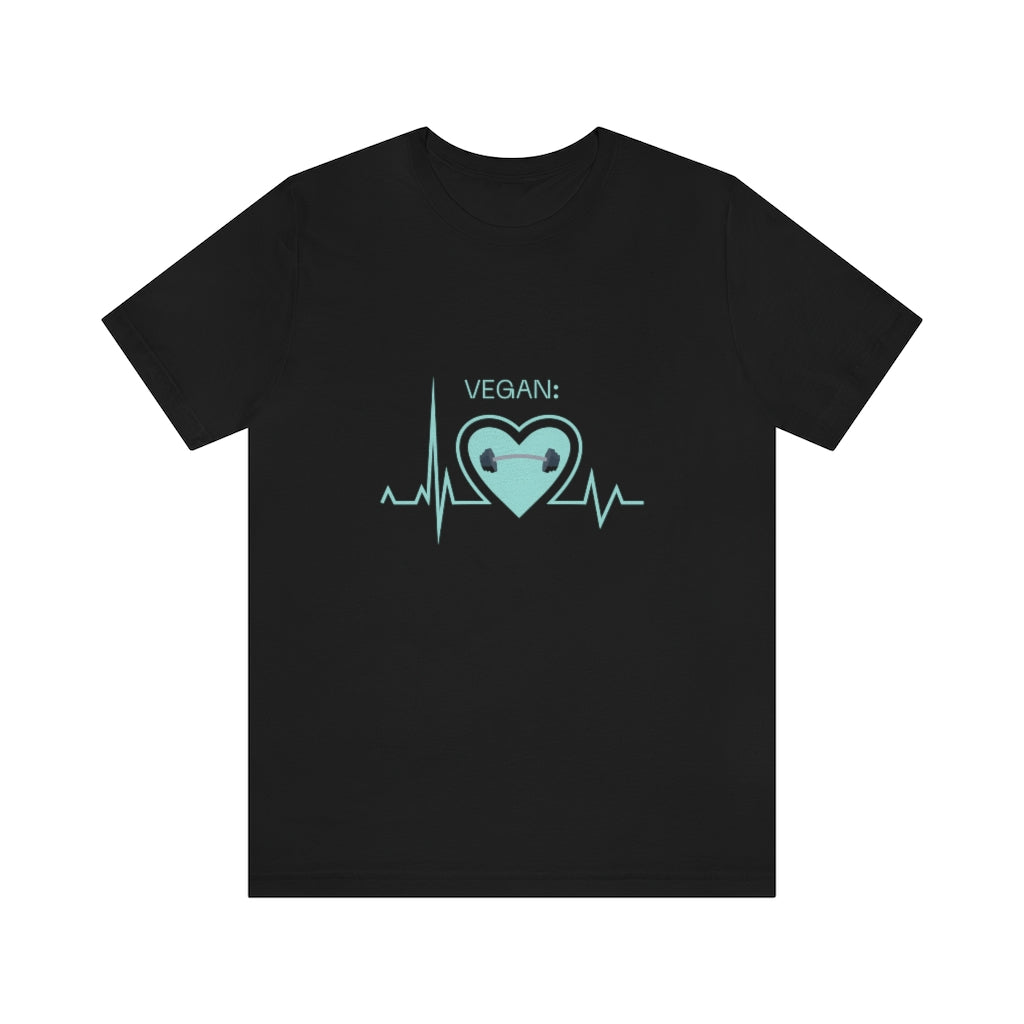 vegan heartbeat t-shirt with a dumbbell, on black