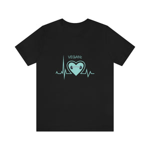 vegan heartbeat t-shirt with a dumbbell, on black