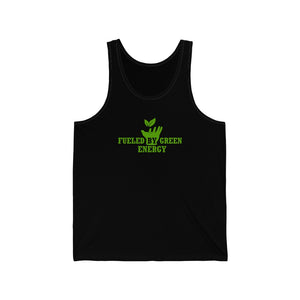 vegan tank top saying fueled by green energy with green design on black premium fabric
