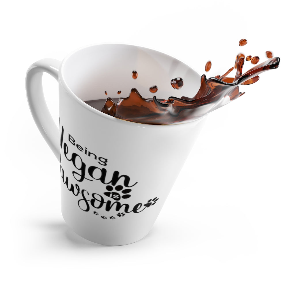 vegan mug saying being vegan is pawsome, left side, latte mug 12 oz size, tipping over spilling coffee