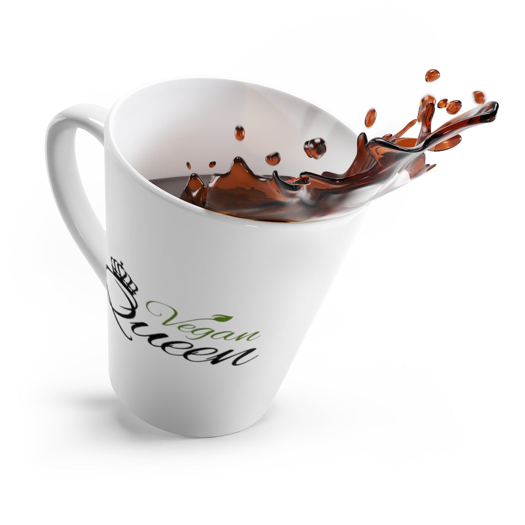 latte mug saying vegan queen tilting over spilling coffee