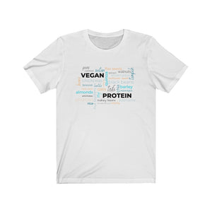vegan t-shirt with vegan protein word salad in winter colors on white premium cotton