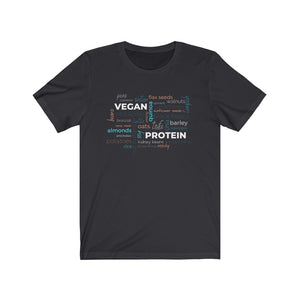 dark grey vegan t-shirt with vegan protein word salad in winter colors 