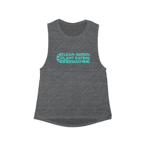 boho design on a grey flowy tank tops for vegans and plant based eating saying lean green plant eating machine