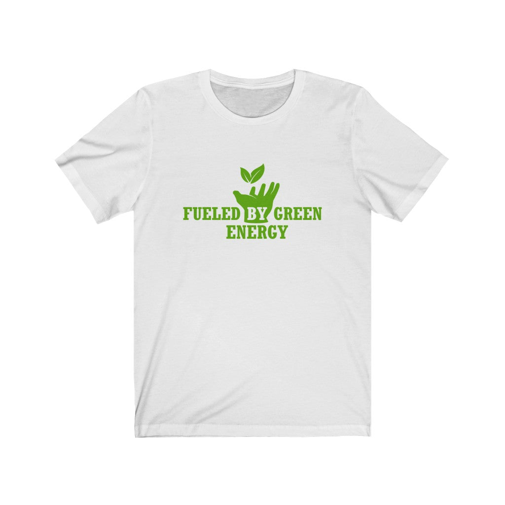 green vegan workout clothes graphic saying "fueled by green energy" on a white premium vegan shirt, on a blank white background
