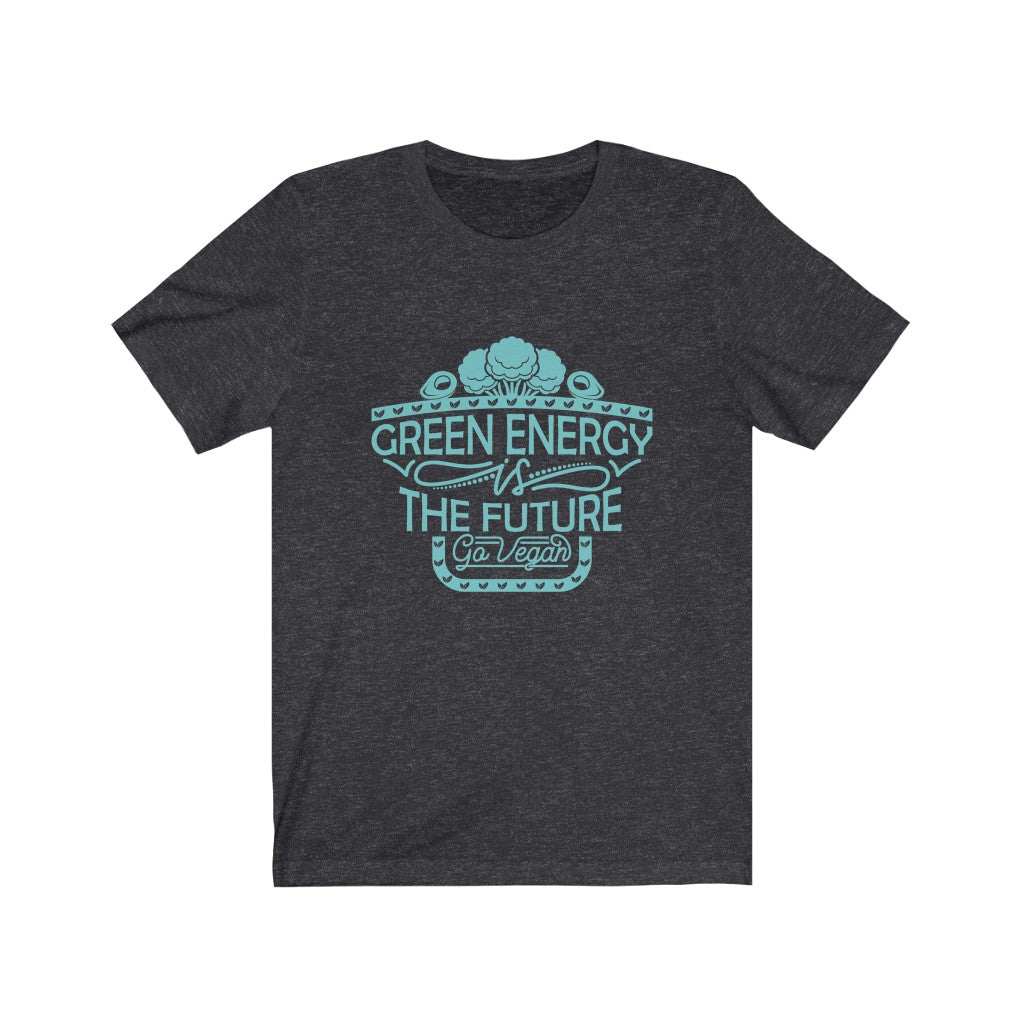 go vegan shirt with teal design saying green energy is the future go vegan on a dark grey heather premium tee, flat on a white background