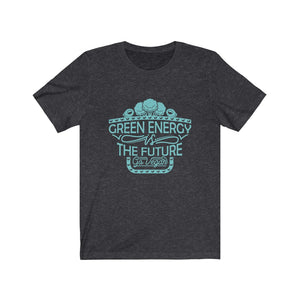 go vegan shirt with teal design saying green energy is the future go vegan on a dark grey heather premium tee, flat on a white background