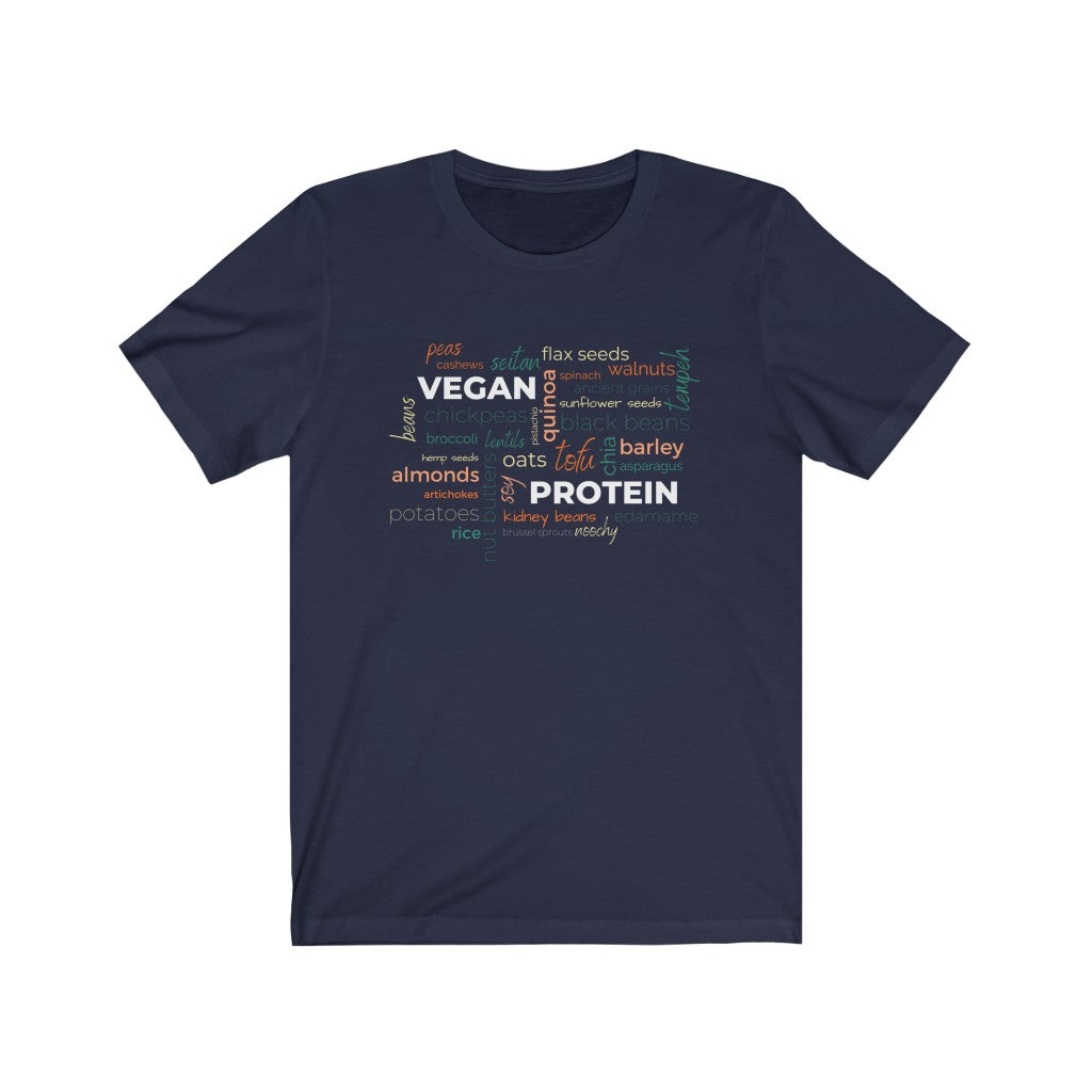 vegan protein word salad in fall colors on a navy vegan t shirt