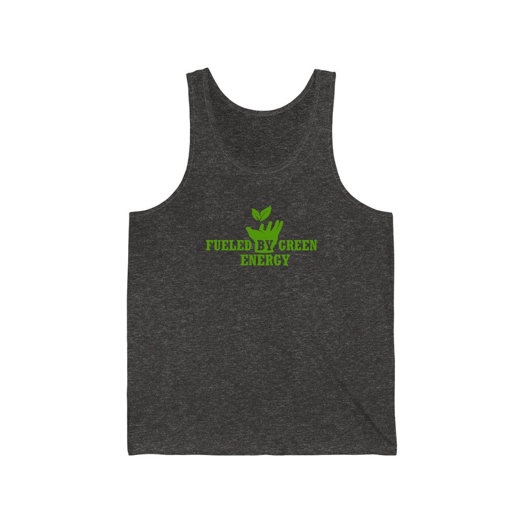 vegan tank top saying fueled by green energy with green design on charcoal black triblend premium fabric