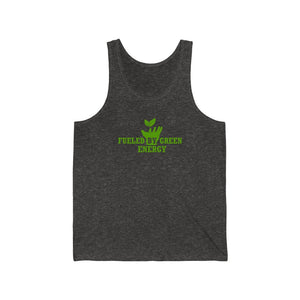 vegan tank top saying fueled by green energy with green design on charcoal black triblend premium fabric