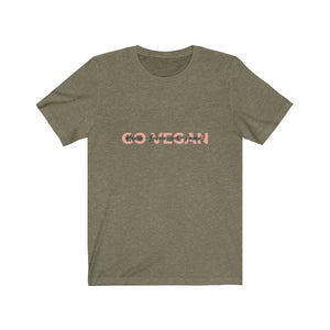 white background with heather olive vegan shirt with "go vegan" in pink behind black words of "health environment animals", design for vegan shirts and ethical clothing brands