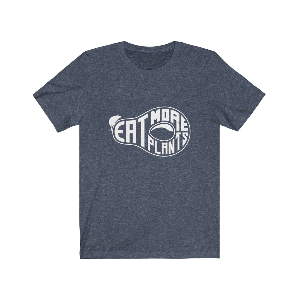 vegan shirts design with white "eat more plants" words inside the outline of an avocado on a heather navy color premium tee on a white background