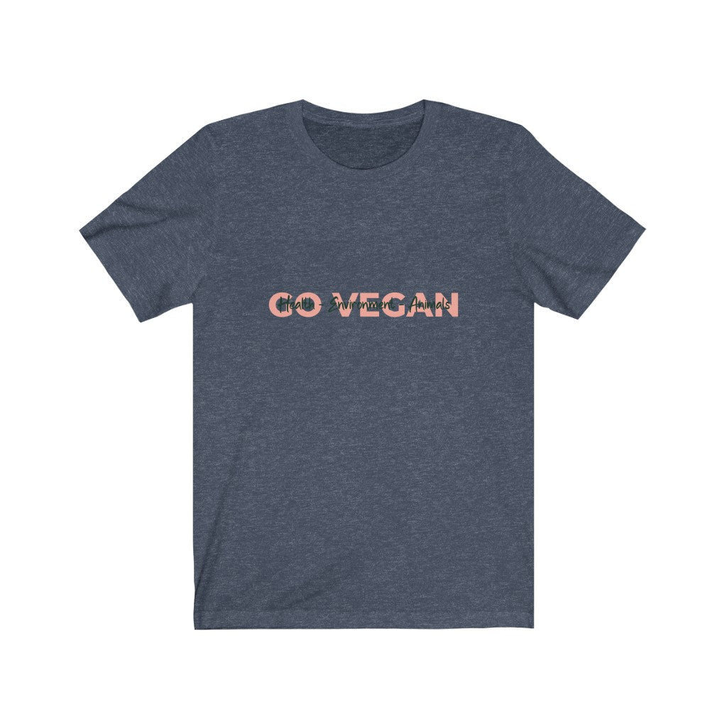 heather navy colored vegan shirt with words go vegan health environment animals, on a white background, for supporting companies who donate to nonprofits