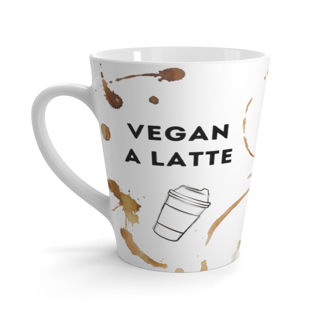 Vegan latte mug saying vegan a latte in a design featuring bold letters with splashes of coffee