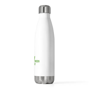 eco friendly water bottles with white background and green lettering and icon, saying fueled by green energy