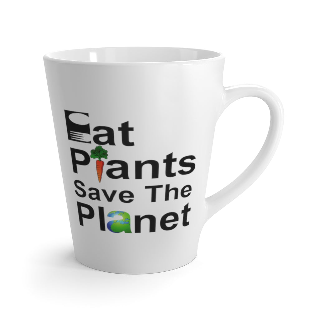 Vegan mugs design saying Eat Plants Save the Planet on a 12 ounce mug, right side