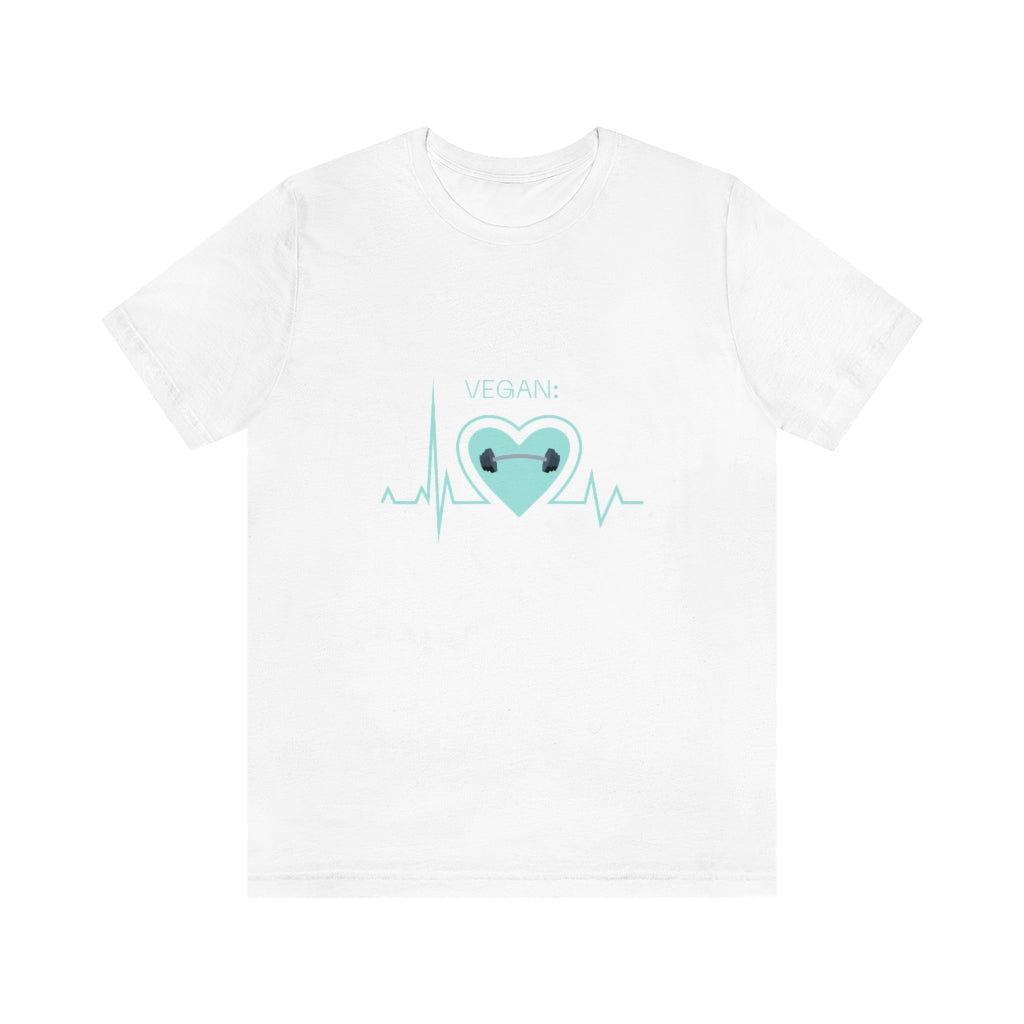 vegan heartbeat t-shirt with a dumbbell, on white