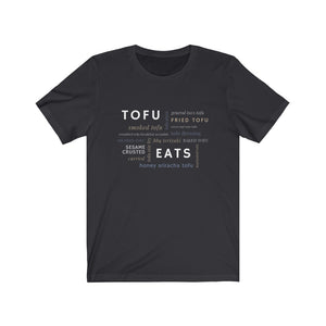 tofu eats word salad design on a dark grey premium vegan t shirt 