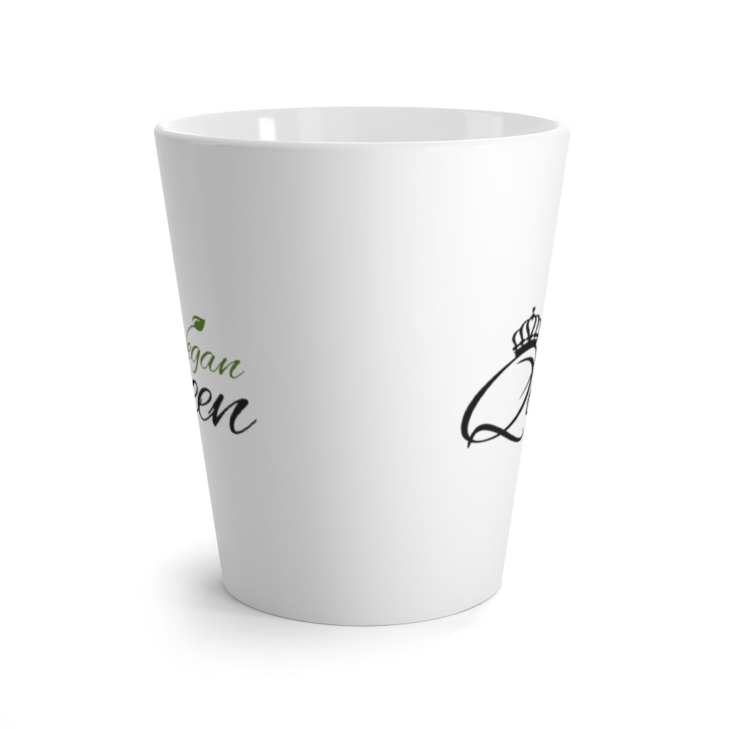 vegan mugs saying vegan queen, in a latte mug 12 oz size, side view