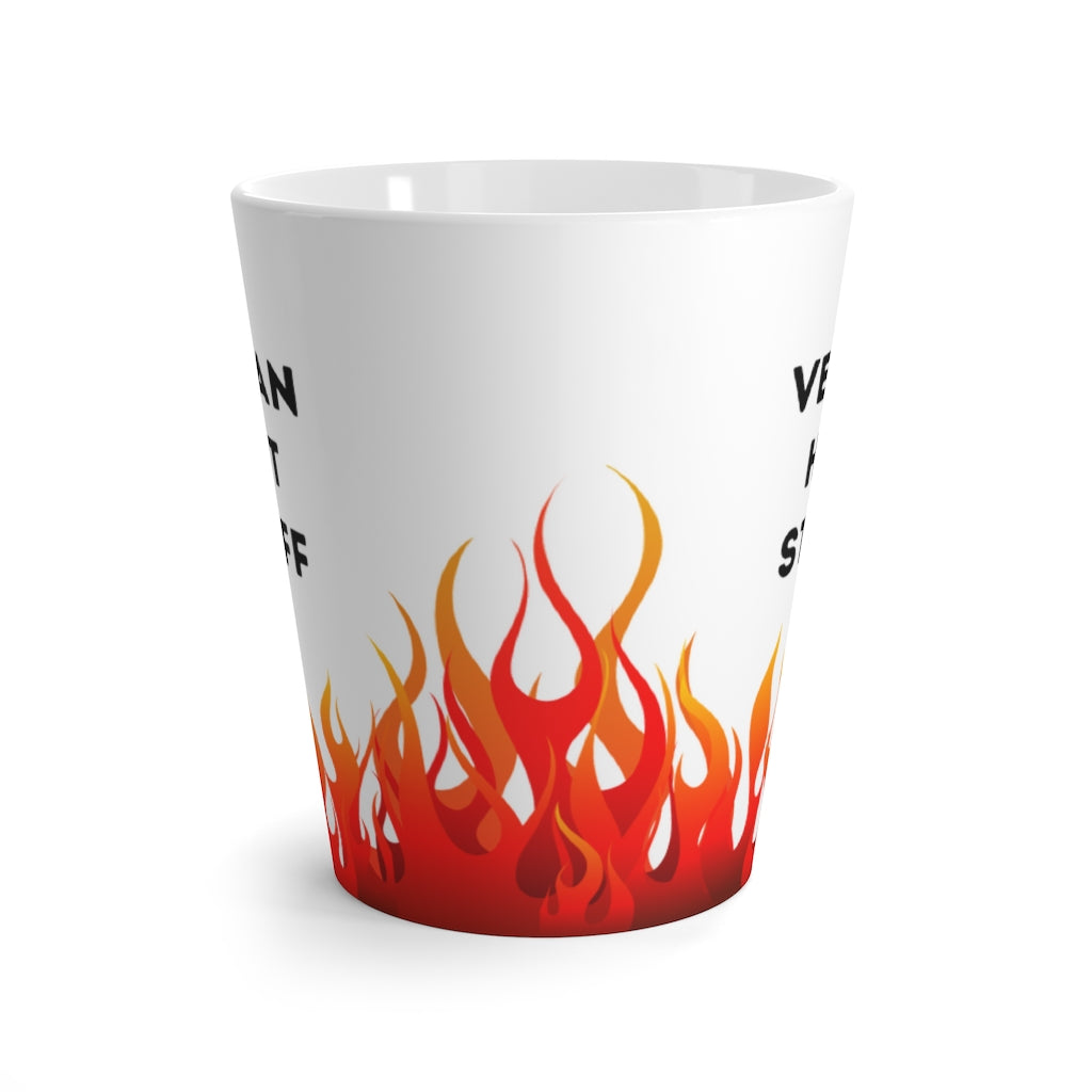 Vegan latte mug saying vegan hot stuff with fire flames, front side