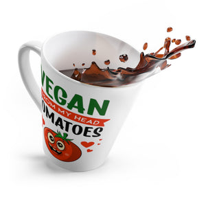 vegan mugs, latte mug saying vegan from my head tomatoes, tipping over spilling coffee