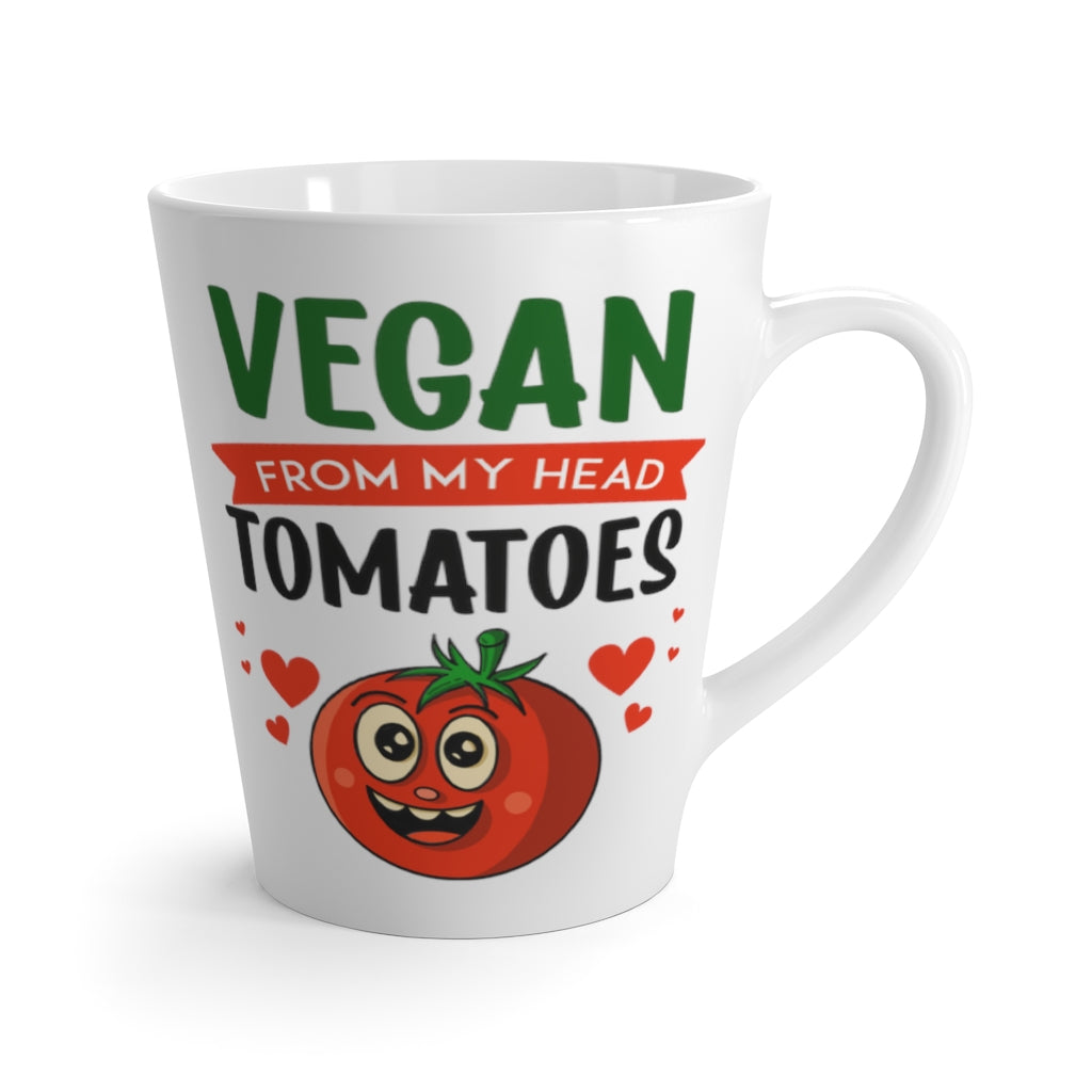 vegan mugs, latte mug saying vegan from my head tomatoes, right side