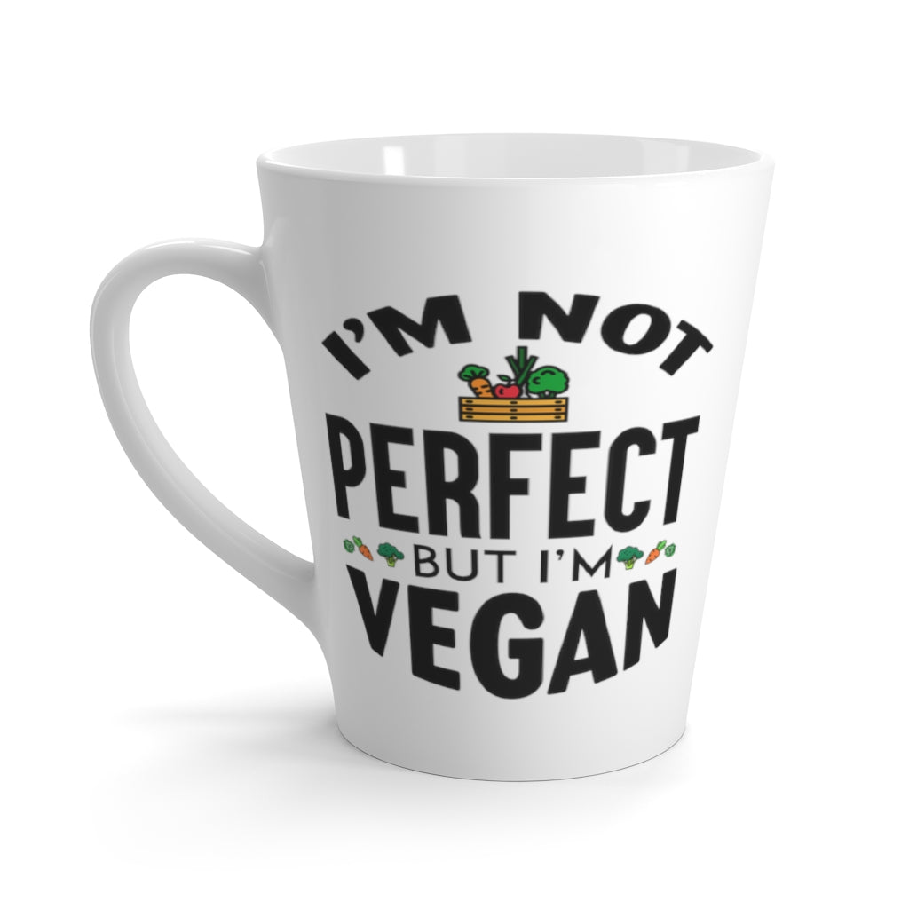 vegan latte mug saying I'm not perfect but I'm vegan, left side