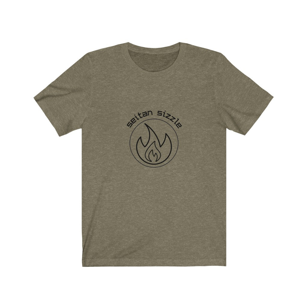 heather olive colored vegan shirt with black graphic saying seitan sizzle over a circle with a flame design, laying flat on a plain white background, from vegan clothing brands