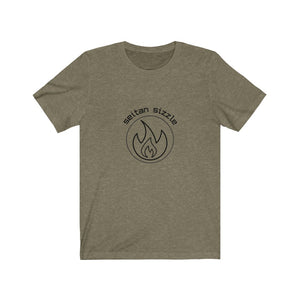 heather olive colored vegan shirt with black graphic saying seitan sizzle over a circle with a flame design, laying flat on a plain white background, from vegan clothing brands