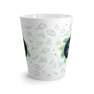 Latte mug saying eat plants and prosper with a green vegetable pattern, side