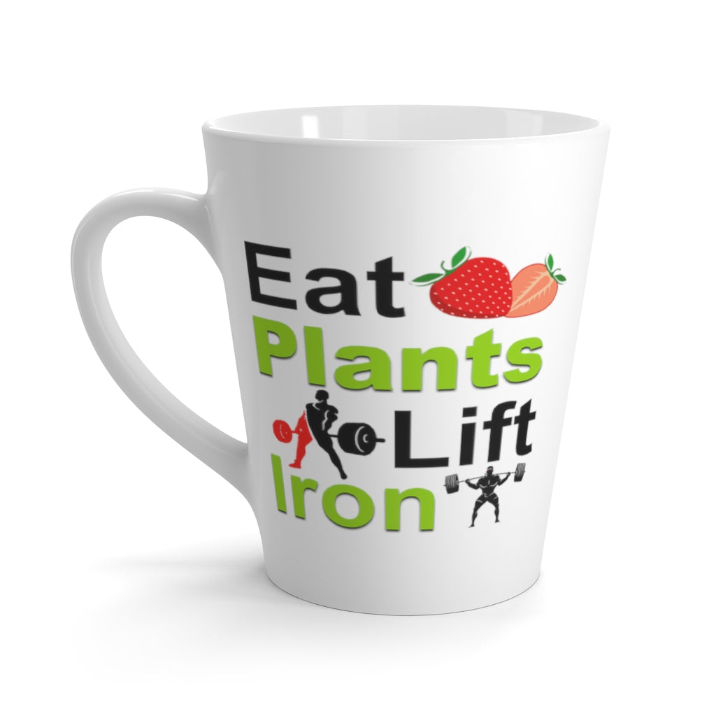 Vegan mugs saying eat plants lift iron, left side