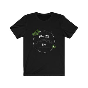 black vegan t shirt with white and green design saying plants have protein too without the cholesterol laying flat on white background, from ethical clothing brands and companies that donate to nonprofits