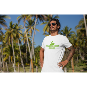 tattood man in front of palm trees wearing sunglasses and a white vegan shirt with a green design saying fueled by green energy, supporting companies who donate to nonprofits