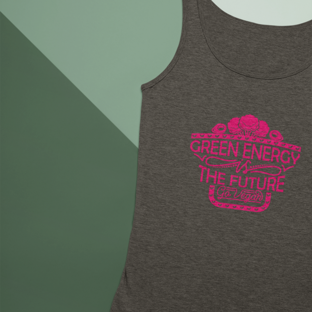green energy is the future go vegan design on a charcoal grey triblend unisex tank top laying flat