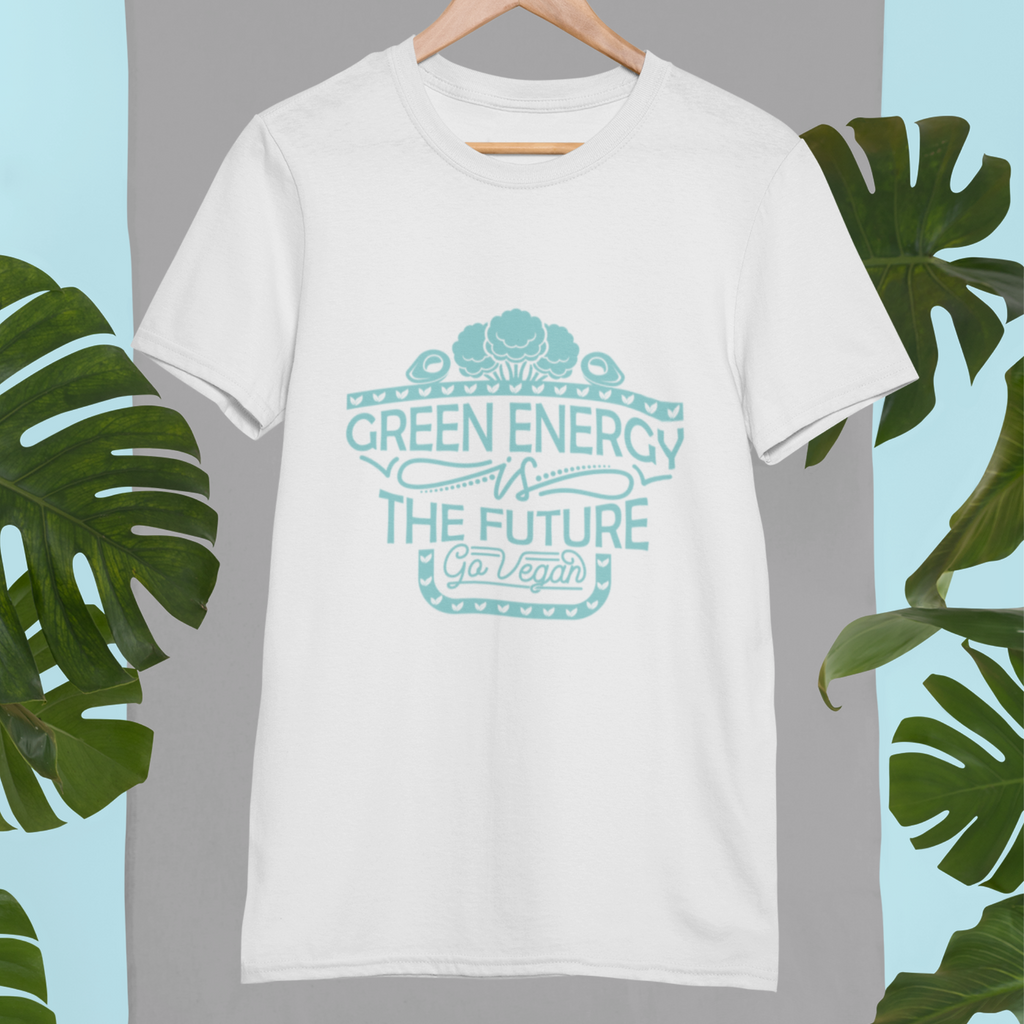 green energy is the future go vegan words in teal color on a white vegan t shirt on a hanger with a grey and light teal background with plants