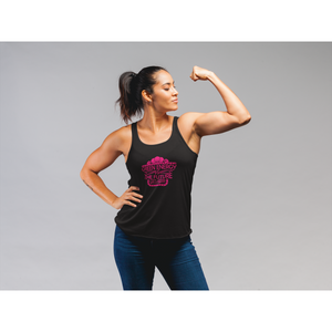woman flexing bicep wearing black vegan tank top with pink design saying green energy is the future go vegan from companies that donate to nonprofits
