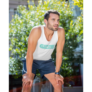 Vegan tank top with a lean green plant eating machine design in teal worn by a man exercising